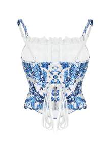Myrelith 1pc Adjustable Waist Halloween Style Sexy Lace Patchwork Shapewear - Blue and White - View 4