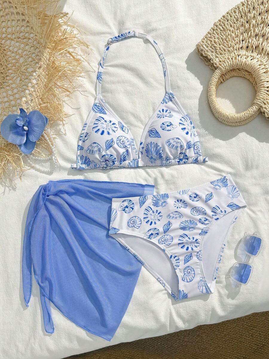SHEIN Bộ đồ bơi bikini họa tiết hoa thời trang và dễ thương dành cho nữ trẻ, đi biển, đi hồ bơi, đi tiệc thường ngày, đi ngày lễ, đi xuân/hè - Màu xanh lam - Xem 1