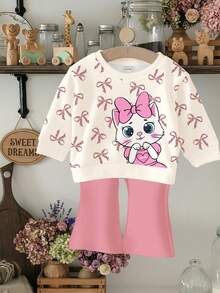 2pcs/Set Baby Girl Casual Loose Thick Soft Round Neck Long Sleeve Sweatshirt & Flare Pants Set, Cream White & Cream Pink, Cute Cartoon Cat, Leopard Bow Print, Suitable For Autumn & Winter - Multicolor - View 5