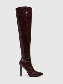 Daringsoles 女士尖头侧拉链设计时尚百搭高跟过膝长靴 - 棕色 - 查看 8