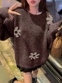 DAZY Women's Floral Print Loose Fit Crew Neck Pullover Sweater - Mocha Brown - View 3