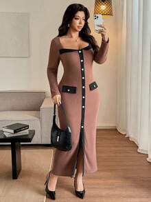 Vionelle Váy ôm sát màu tương phản, có gân, cỡ lớn, thanh lịch, có nút cài phía trước - Cà phê nâu - Xem 6