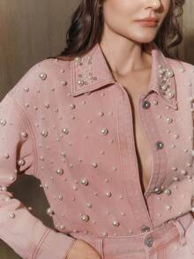 Anewsta Fashionable & Elegant Rhinestone Embellished Long Denim Shirt Blouse, Suitable For Valentine's Day Party, Spring/Autumn