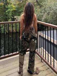 RebeccaVibe Jeans rectos de bolsillo con estampado completo, de corte holgado - Verde militar - Ver 2