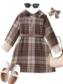 SHEIN Elladie kids 女童休闲格子拼接连衣裙，配腰带，适合日常通勤和上学，秋/春季穿着 - 米色 - 查看 2
