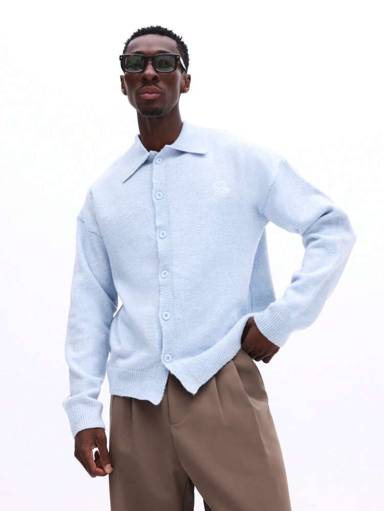 Light Blue Marled Knit Collared Cardigan