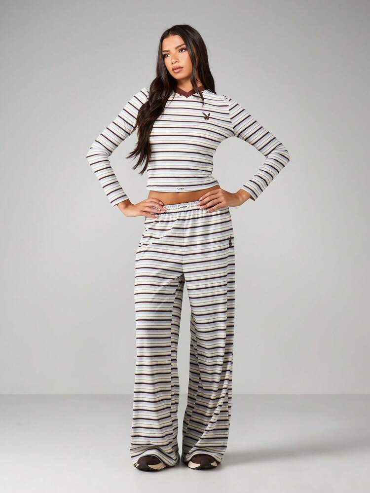 Missguided x Playboy Ribbed Striped Two Piece Coordinating Set Long Sleeve Crop Top Wide Leg Palazzo Pants Lounge Outfit