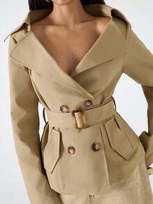 LYSMO Áo khoác trench coat hai hàng khuy có thắt lưng thời trang dành cho nữ - Màu Khaki - Xem 5