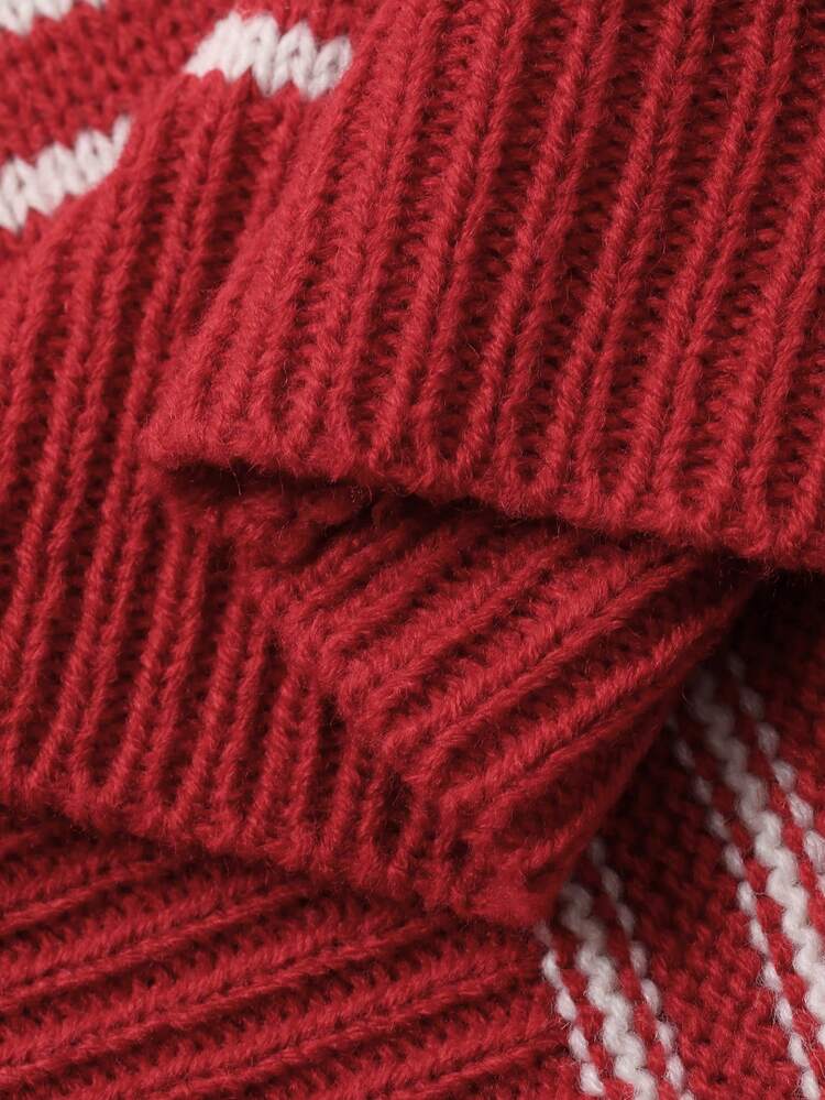 Women's Loose Fit Striped Patchwork Contrast Color Casual Sweater, Red