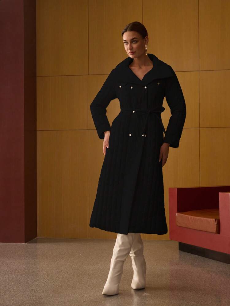 DOUBLE-BREASTED BELTED PADDED COAT WITH LARGE LAPEL