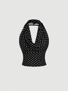 SHEIN MOD 波点网眼百搭女士复古风吊带衫 - 黑色 - 查看 3