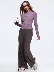 Eassivo Eassivo Women's Mauve Zip-Up Drawstring Top & Coffee Wide Leg Pants Set,Two Piece Athleisure, Modest Active Wear Set,Modest Gym Wear Women - Grey - View 1