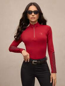 Activina Top équestre ajusté à manches longues avec patchwork de couleurs contrastées pour femmes - Rouge foncé - Voir 1