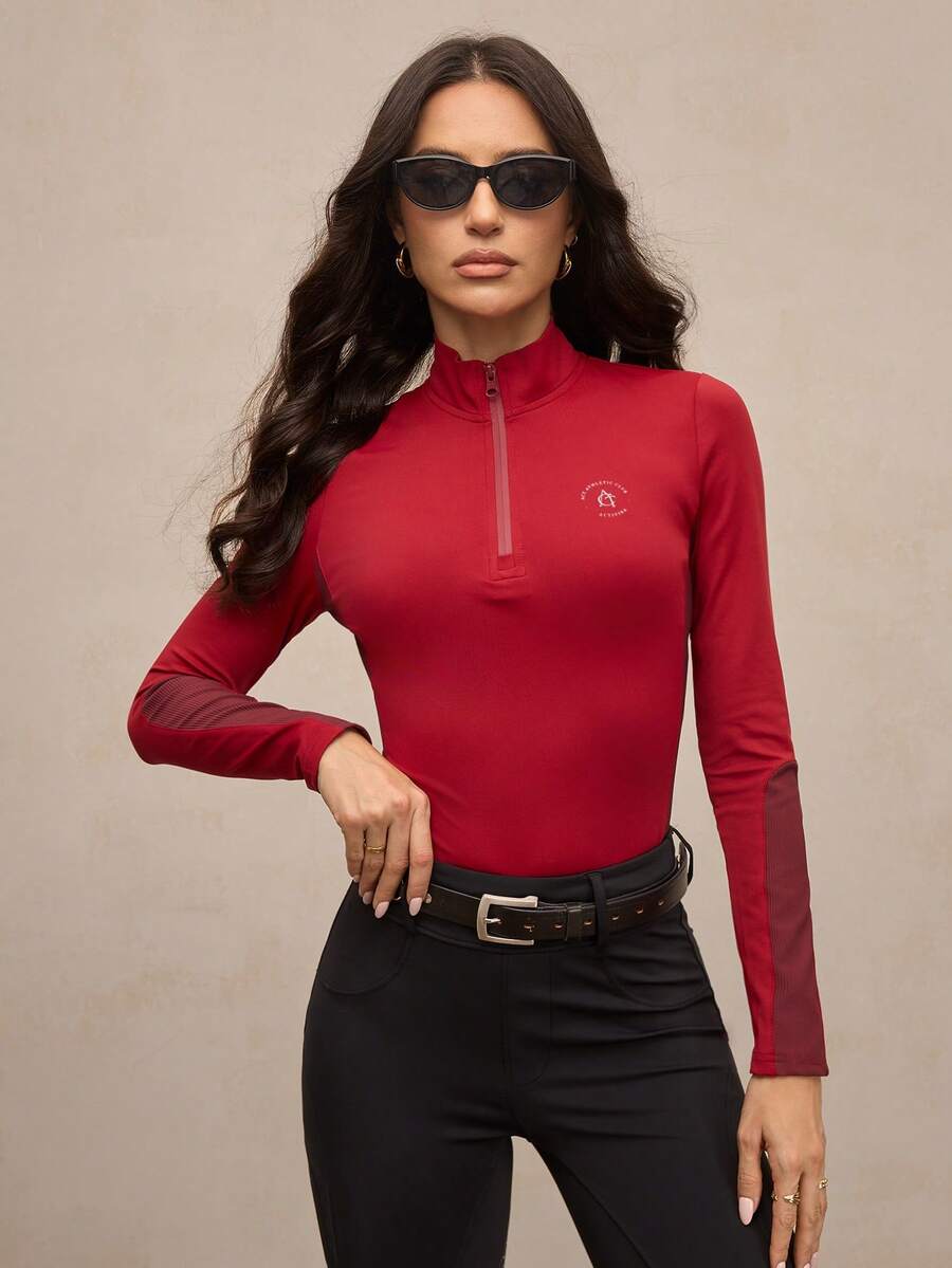 Activina Top équestre ajusté à manches longues avec patchwork de couleurs contrastées pour femmes - Rouge foncé - Voir 1