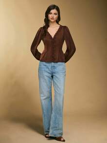 Poéselle Women's Shirt Satin Lace-Trim Peplum Blouse – Chocolate Brown V-Neck Button-Front Top With Balloon Sleeves & Tie-Back Waist Satin Blouse Women Lace Trim Top Chocolate Brown Blouse Peplum Shirt V Neck Button Front Romantic Date Night Top Tie Back Blouse Fall Chic Women's Solid Color Contrast Lace V-Neck Lantern Sleeve Single-Breasted Elegant Blouse Brown Blouse New Year Women's Winter For Women - Brown - View 7