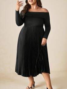 Enliva Plus Size Women's Off-Shoulder Long Sleeve Dress, Pleated Patchwork Dress/Autumn /Winter - Black - View 4