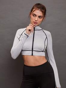 Activina Top-stitching Zip Up Crop Sports Jacket - Light Grey - View 5