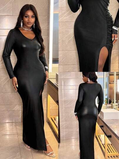 Slaydiva 2025 New Sexy PU High Slit Low-Cut Round Neck Dress, Suitable For Party/Date/Bar/Club/Nightclub Bodycon Maxi Dress Tight Long Dress Curve Long Dress Maxi Long Sleeve Dress Slay Diva Dress