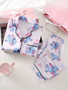 Bộ đồ ngủ lụa giả in họa tiết gấu sọc hồng cho bé gái tuổi teen có cổ và tay dài - Nhiều màu - Xem 5