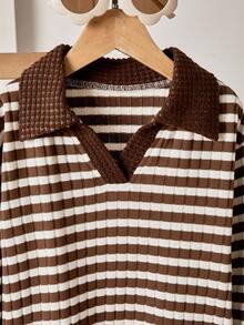 Girls' Casual Fashion Set! Girls' Coffee Striped Lapel Casual Top+Wide Leg Pants Fashion Set, Girls' Spring And Autumn Non Velvet Knitted Long Sleeved Pants Set Suitabl