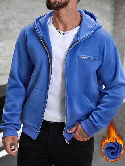 Manfinity CasualCool Men's Solid Color Long Sleeve Zip Front Casual Pocket Hoodie Blue Hoodie Men Mens Hoodies Casual Blue Zip Up Hoodie Zip Up Jacket Men Blue Jacket Men Autumn Fall/Winter Old Money,Daily Leisure, Weekend Trips, Outdoor Activities, Travel Expeditions, Relaxed Work Environments Or Semi-Formal Occasions,Boyfriend/Husband Gift, Anniversary Gift Christmas Outfits Hoodie Mens