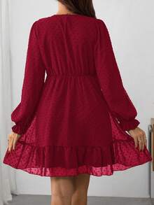 SHEIN 孕妇纯色简约V领长袖休闲连衣裙 - 酒紅色 - 查看 2