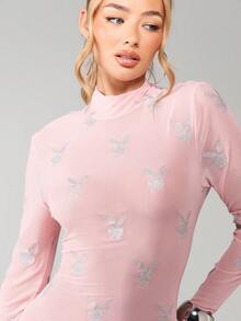 Missguided x Playboy Vestido maxi ajustado de manga larga y cuello alto con estampado de conejo plateado brillante para ocasiones de fiesta por la noche - Rosa vieja - Ver 5
