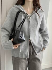 DAZY Cardigã feminino de cor sólida com mangas raglan, casual e confortável, com capuz, cordão e fecho de zíper. - Cinza - Ver 2