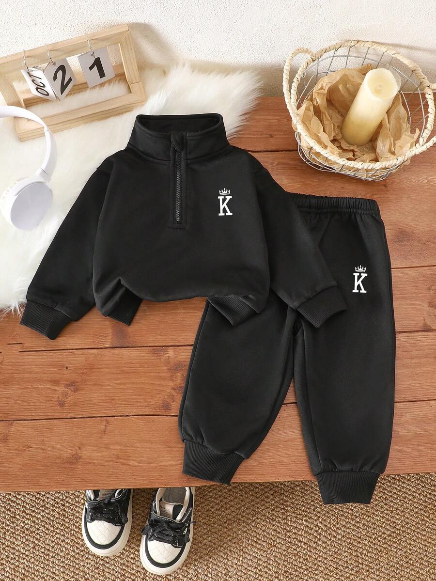 2pcs/Set Infant Toddler Unisex 0-3Y Casual Sports Crown & Letter Print Black Long Sleeve Zip-Up Pullover Sweatshirt And Sweatpants Set, Baby Boy/Girl Athletic Outfit, Autumn/Winter/Spring Black Baby Boy Clothes Baby Tracksuit 2 Piece Toddler Sets