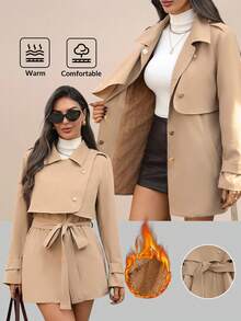 Editum Women's Thermal Lined Mid-Length Single-Breasted Belted Casual Trench Coat Beige Outfits For Women Winter Christmas New Year Thanksgiving - Camel - View 11