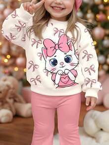 2pcs/Set Baby Girl Casual Loose Thick Soft Round Neck Long Sleeve Sweatshirt & Flare Pants Set, Cream White & Cream Pink, Cute Cartoon Cat, Leopard Bow Print, Suitable For Autumn & Winter - Multicolor - View 6