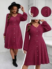 EMERY ROSE Abito midi da donna taglie forti con maniche a lanterna, decorato con bottoni, tessuto strutturato, abbigliamento autunnale per donna - Bordò - Visualizzare 3