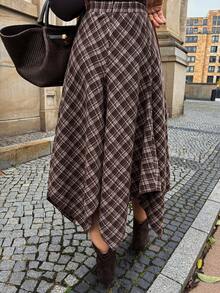 Vivie Lora Women's Asymmetrical Hem Plaid Loose A-Line Skirt Winter Women Skirts - Khaki - View 2
