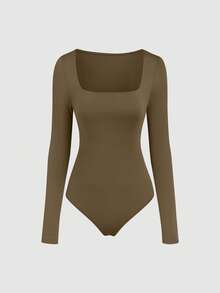 Sweetra 3pcs/Set Women's Long Sleeve Bodysuit In Apricot, Coffee Brown, Black, Slim Fit Minimalist Commuter Versatile