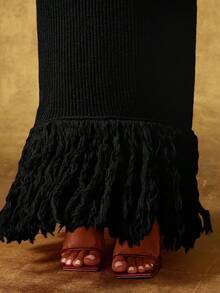 Vixey Fringe Hem Rib Waistband Maxi Sweater Skirt - Black - View 5