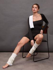 Activina Square Collar Long Sleeve Solid Color Sport Romper - Black - View 8