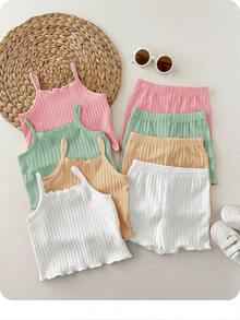 8件套休闲纯色针织吊带背心和短裤套装 - 彩色 - 查看 1