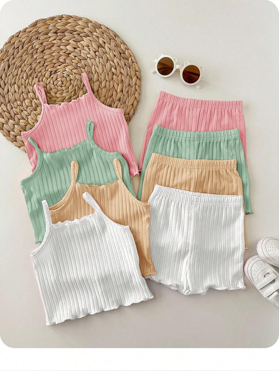 8件套休闲纯色针织吊带背心和短裤套装 - 彩色 - 查看 1