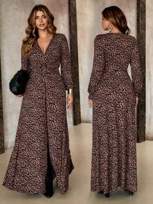 Roveilla 大码女式法式休闲优雅豹纹长袖 V 领连衣裙，秋冬 - 彩色 - 查看 1