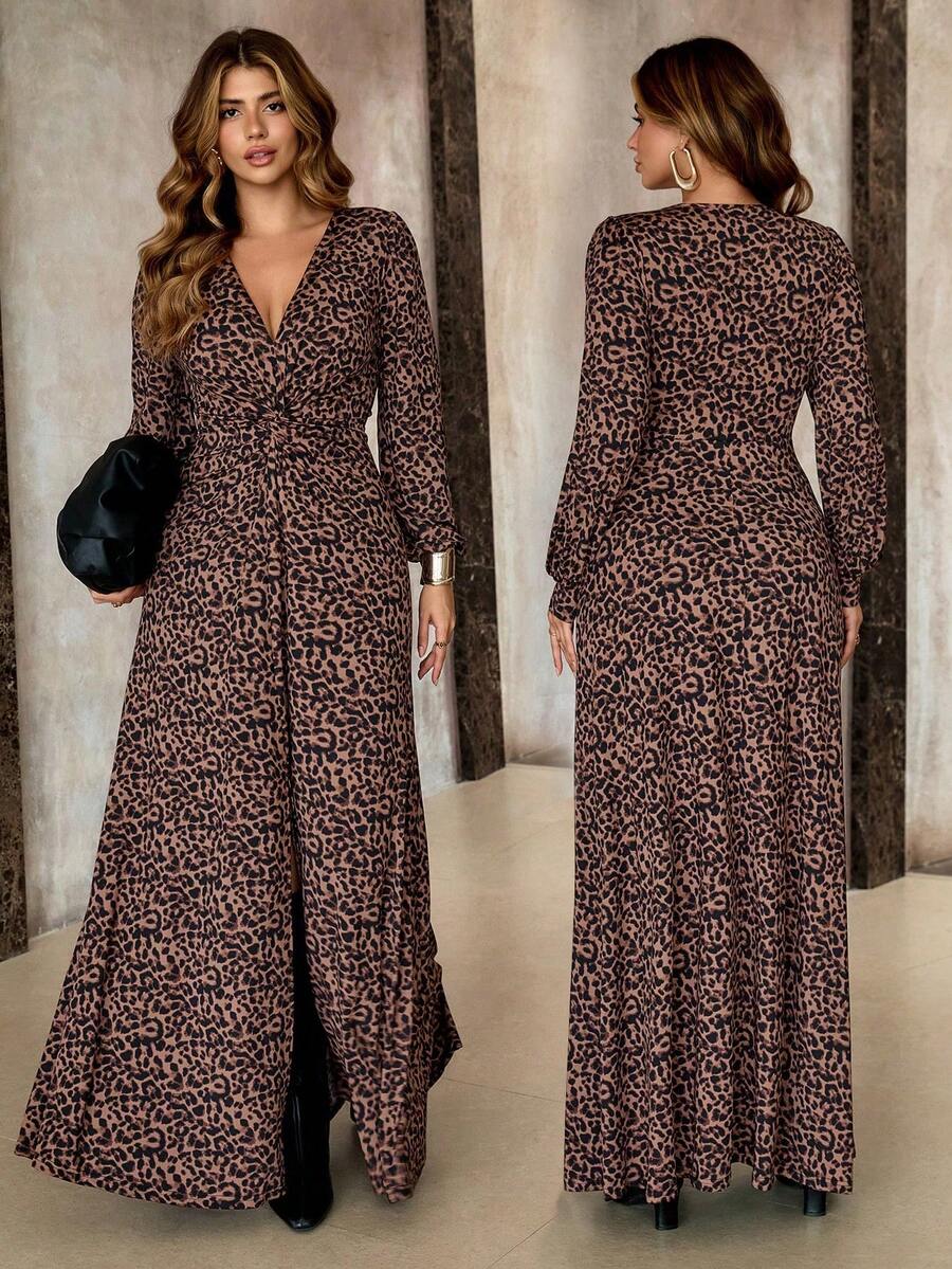 Roveilla 大码女式法式休闲优雅豹纹长袖 V 领连衣裙，秋冬 - 彩色 - 查看 1
