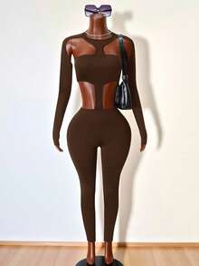 BamGleam Women's Sexy Minimalist Solid Color Hollow-Out Backless Long Sleeve Jumpsuit