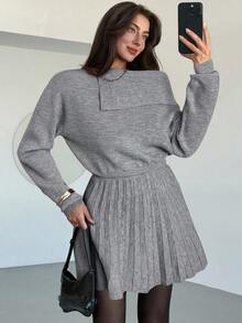 Aloruh 秋季女装酒红色毛呢连衣裙收腰褶皱A字修身针织连衣裙长袖单肩斜肩毛衣裙冬季女装 - 灰色 - 查看 7