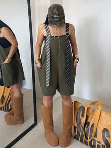 POPSWAY Plus Size Women Striped Contrast Color Pocket Casual Jumpsuit, Suitable For Street, Vacation, Date, Party, Spring/Summer - Army Green - View 7