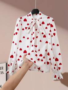 GlowEve Áo kiểu nữ mùa xuân mới, Áo kiểu ngày Valentine, Áo kiểu Pháp đơn giản thanh lịch dành cho công sở mùa xuân/hè, Áo in hình trái tim, Áo dự tiệc cưới, Áo sinh nhật, Áo trắng thanh lịch - Đỏ - Xem 2