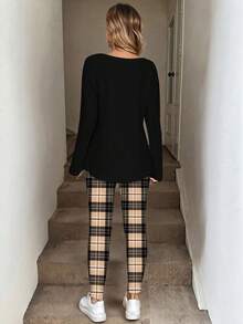 SHEIN LUNE Bộ 2 món gồm áo thun dài tay kẻ caro phối màu tương phản và quần legging bó sát dành cho nữ, thích hợp cho mùa thu/đông, phong cách thường ngày. - Nhiều màu - Xem 2