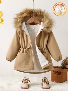 SHEIN Emery Rose Kids 女童保暖长袖抽绳连帽休闲外套，秋冬季 - 卡其色 - 查看 5