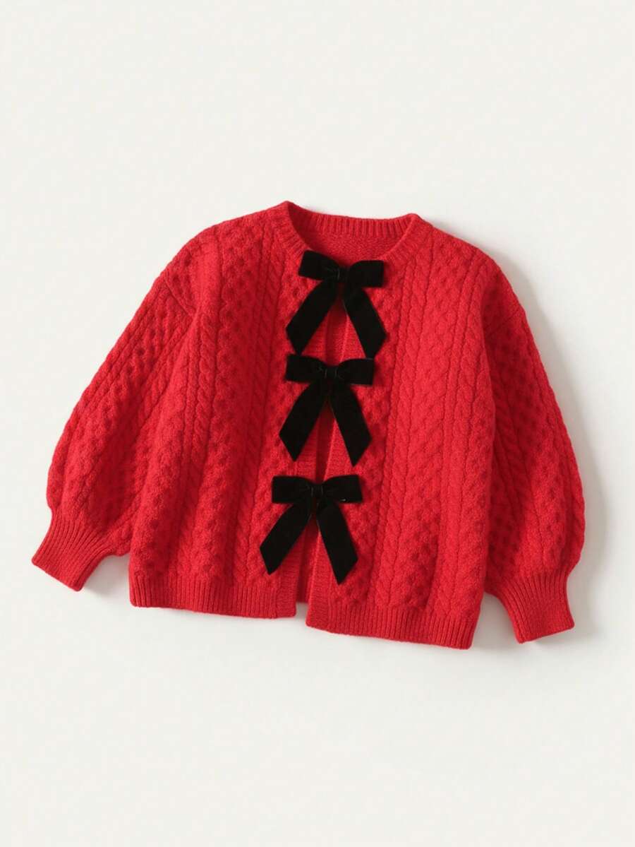 Maija Kids 女童蝴蝶结装饰长袖可爱针织开衫,秋冬款 - 酒紅色 - 查看 1