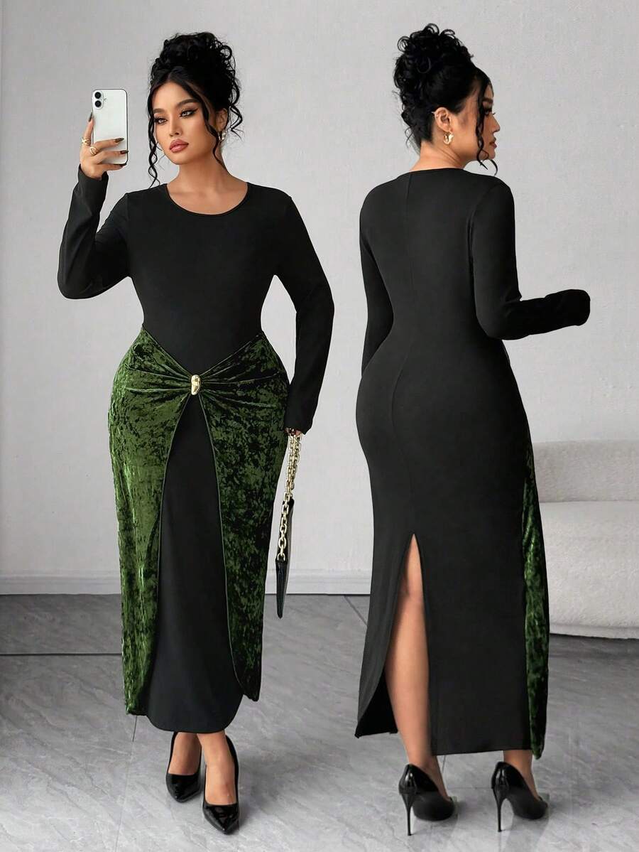 Elenzga Elegant Colorblock Twist Knot Bodycon Dress, Black & Green Patchwork, Metal Buckle Decor, Party Dress For Women, Spring/Autumn/Winter - Multicolor - View 1