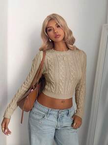 Aloruh Áo len chui đầu cổ tròn tay dài ôm sát cổ tròn cổ điển dành cho nữ, lớp lót màu mơ tối giản cho mùa thu/đông - Màu Khaki - Xem 6