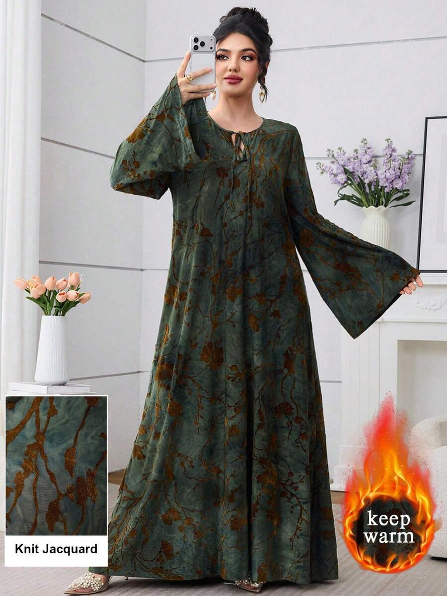 Al Najma 橄榄绿系带领针织提花宽松连衣裙 - 彩色 - 查看 1